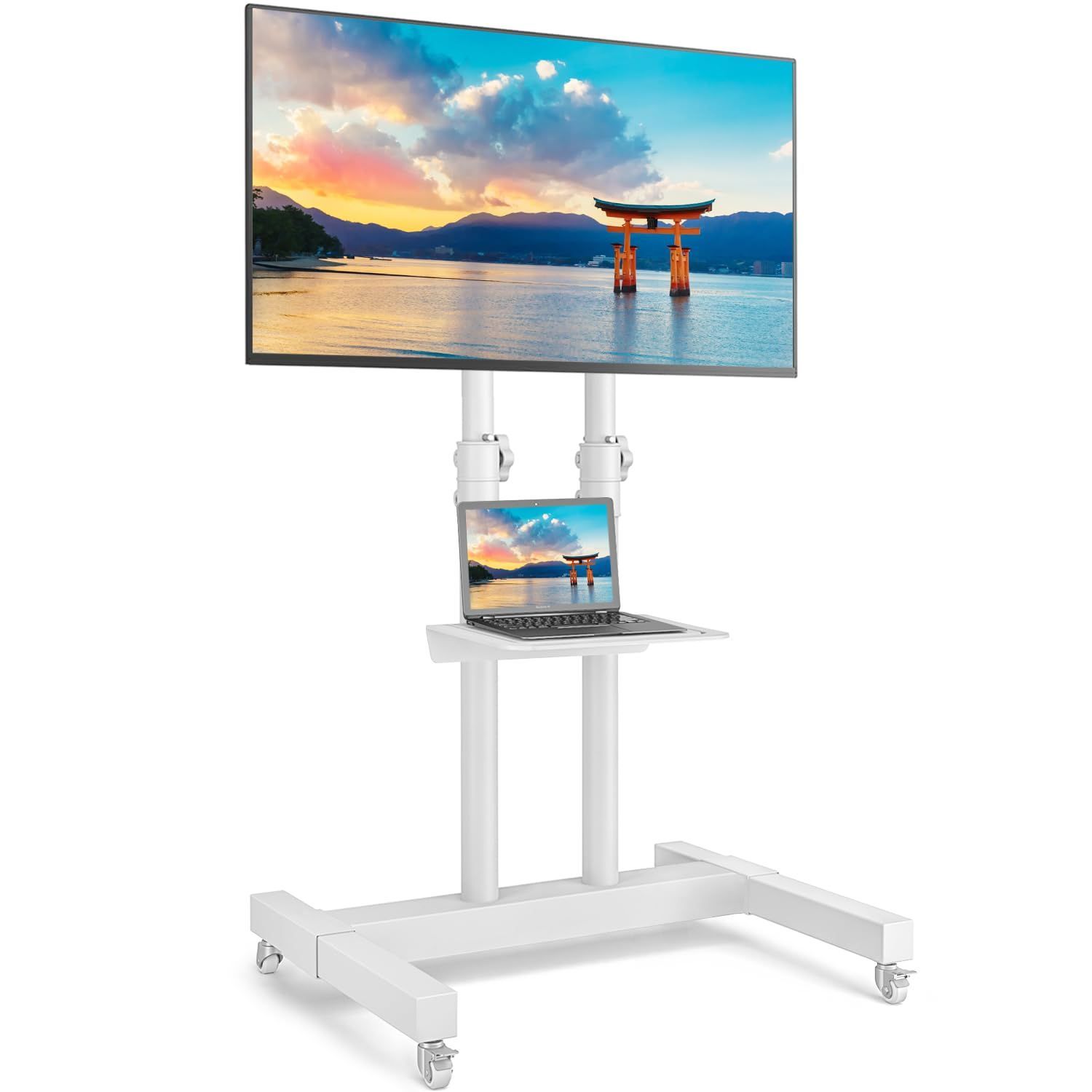 耐荷重40kg VESA600X400mmまで 移動式 棚付き 省スペース 高さ調節 32~75インチ対応 二重支柱設計 家用 会社用 テレビスタンドハイタイプ tvスタンド ホワイト テレビスタンドキャスター付き Rfiver