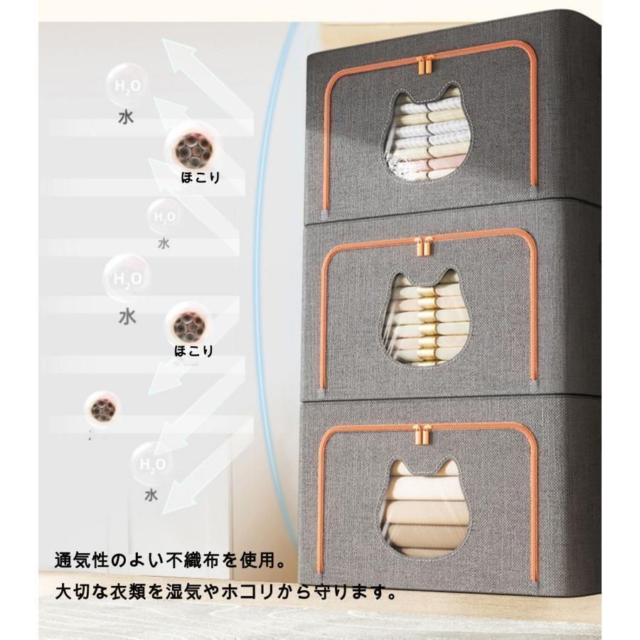 .♥ 猫窓収納ボックス 2個セット 66L 窓付き 収納 ボックス 50×40×33cm 猫型 前開き 折りたたみ ワイヤー入り 積み重ね 布 大容量 衣類 xzdsrue