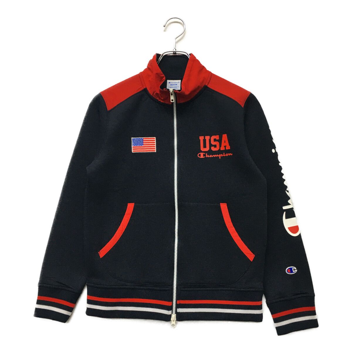 中古 レディース チャンピオン Champion ブルゾン M 紺×赤 ネイビー ダブルジップ ボンディング素材