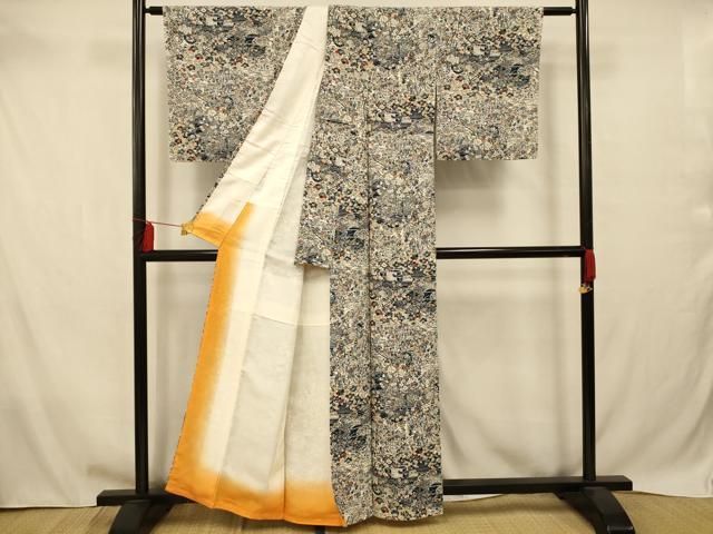 平和屋着物□上質な小紋 型染め 風景文 鬼しぼ縮緬 正絹 逸品 未使用