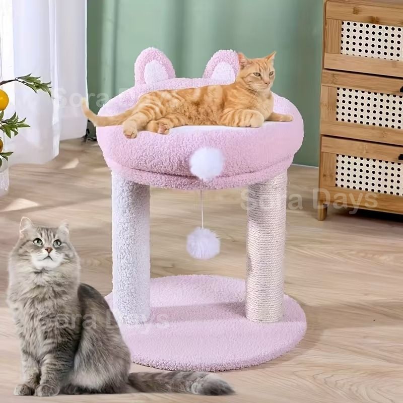 キャットタワー 猫タワー うさぎ型 ふわふわ 小型 可愛い ユニーク おしゃれ インテリア 北欧 据え置き ポンポンおもちゃ 爪とぎ 運動不足解消 省スペース ピンク系 38×38×42cm