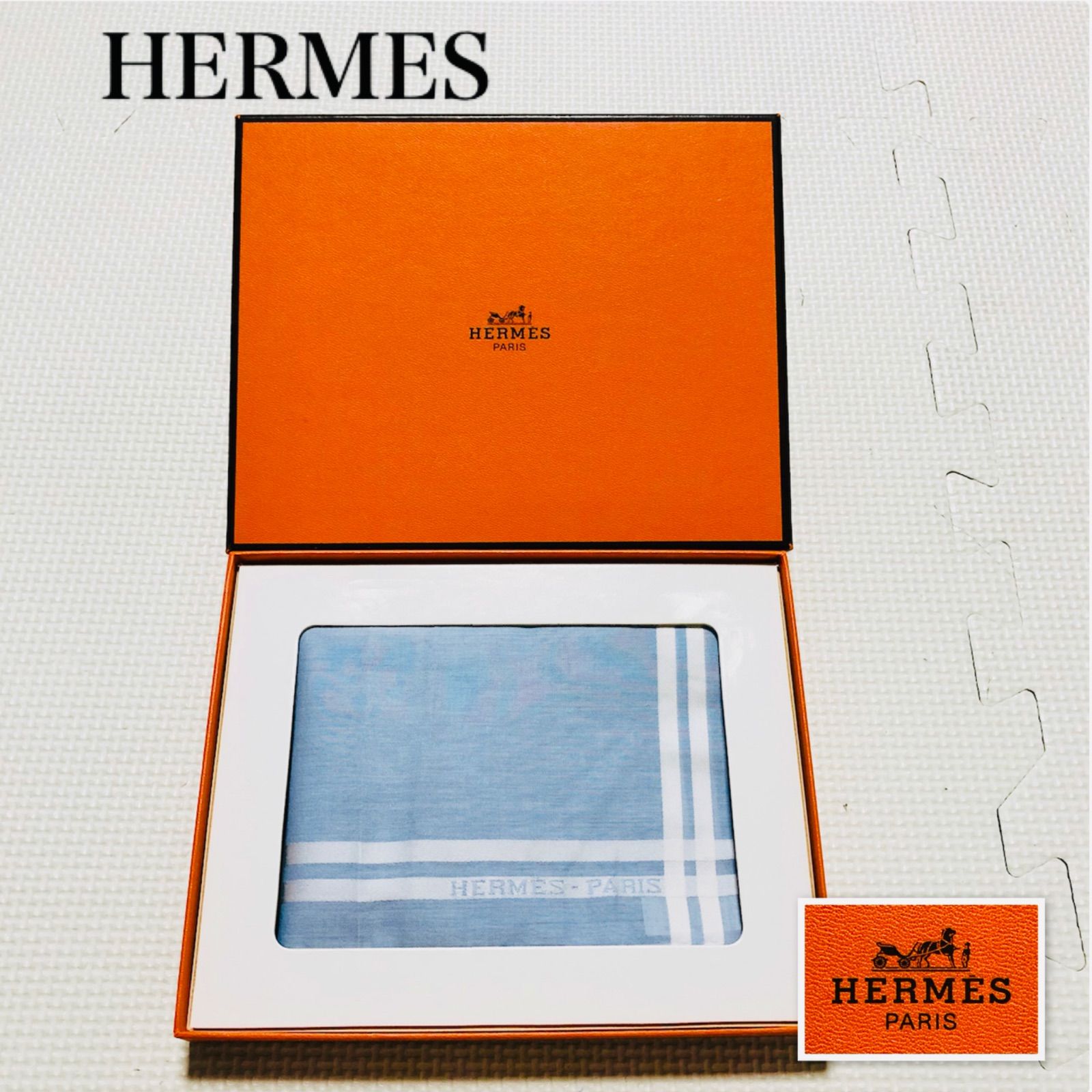 タグ付き新品美品 HERMES エルメス ハンカチ チーフ 箱付き □未使用品□HERMES エルメス ハンカチ チーフ 47×47cm 二重線