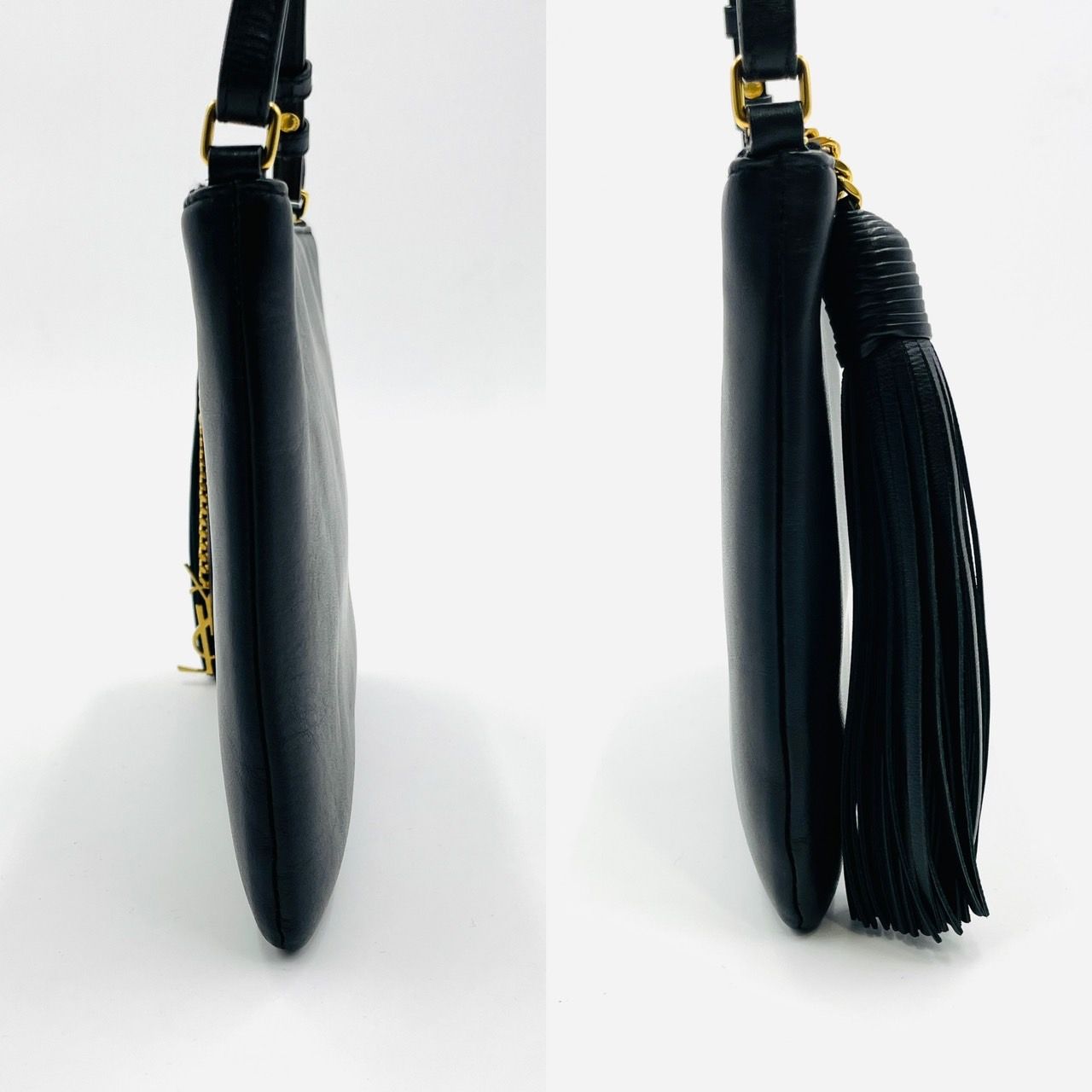 サンローラン YSL ショルダーバッグ 黒 レザー フリンジ チャーム付き 
