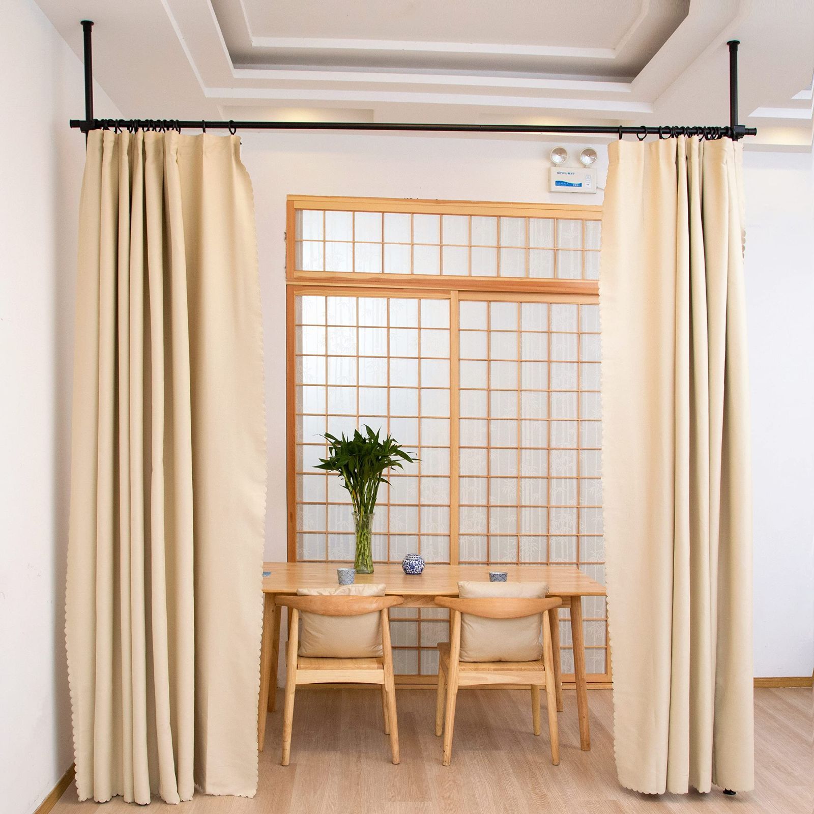 カーテンリング付 カーテンレール パーテーション 幅-高さ110cm~310cm×奥行9cm つっぱり棒 間仕切りカーテンポール 部屋仕切り マッドブラック2ポール 間仕切り つっぱり式 IMIEE