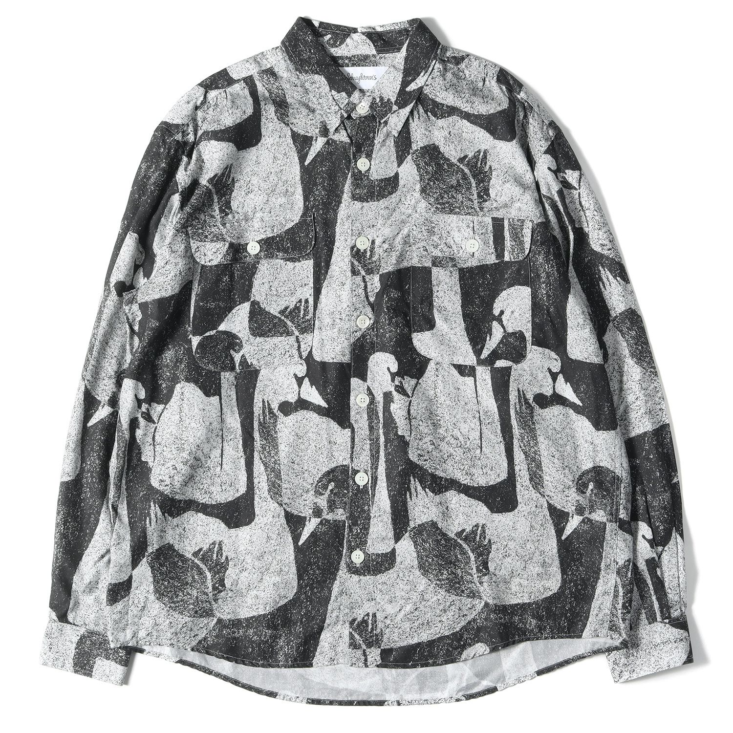 美品 SCHNAYDERMANS シュナイダーマン 総柄 グラフィック ボタンダウン レーヨンシャツ 3点留め 長袖 19SS ブラック