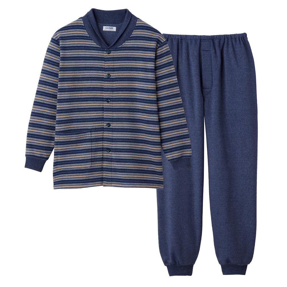 M_ブルー_SG4293 グンゼ パジャマ 襟元あたたか 長袖長パンツ･パンツ前あき パイル裏起毛ボーダー|無地 メンズ ブルー_SG4293