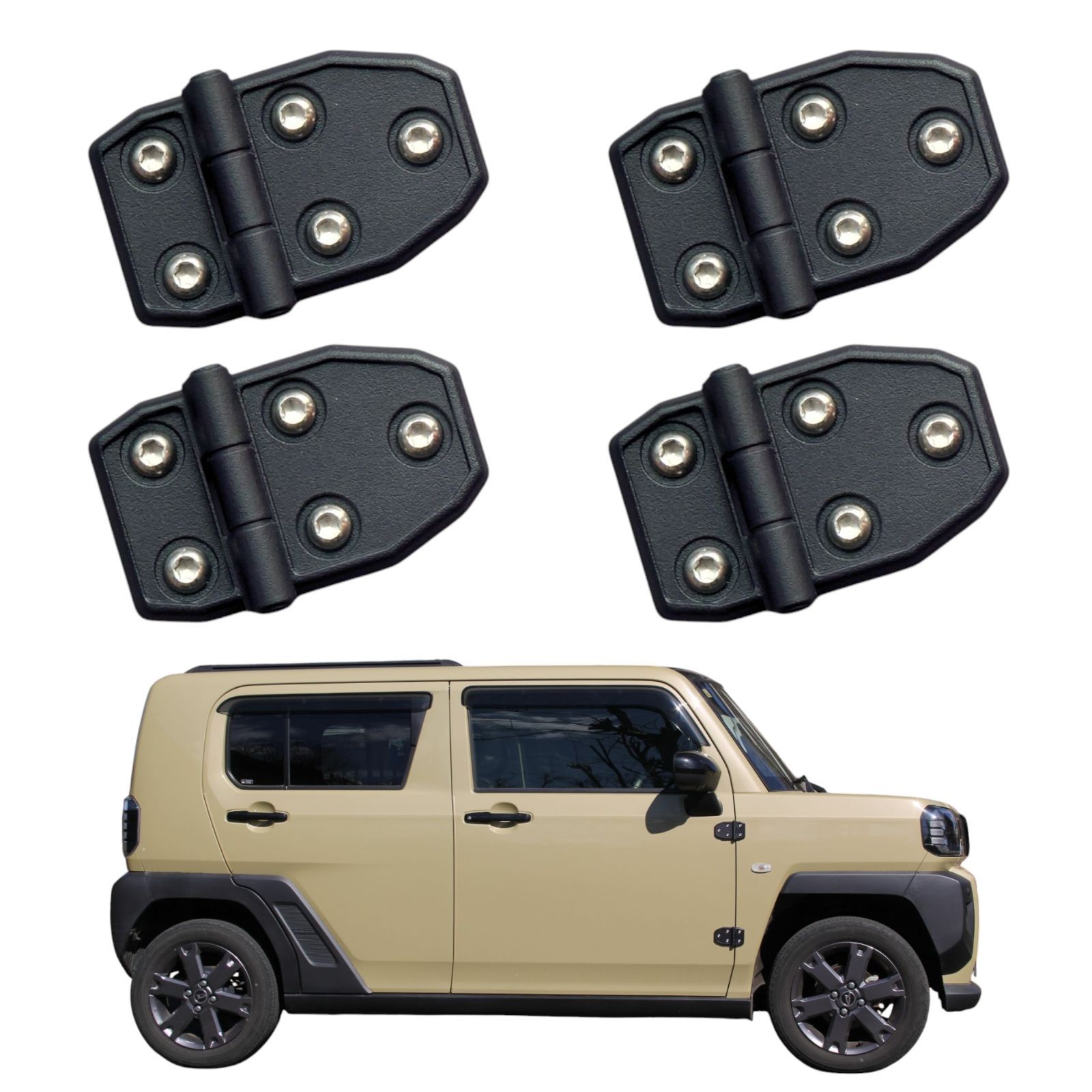タフト用 ダミーヒンジ 4個セット リアルステンレスボルト仕様 両面テープ貼付 カスタム アクセサリー パーツ ドアヒンジ アウターヒンジ ダイハツ TAFT