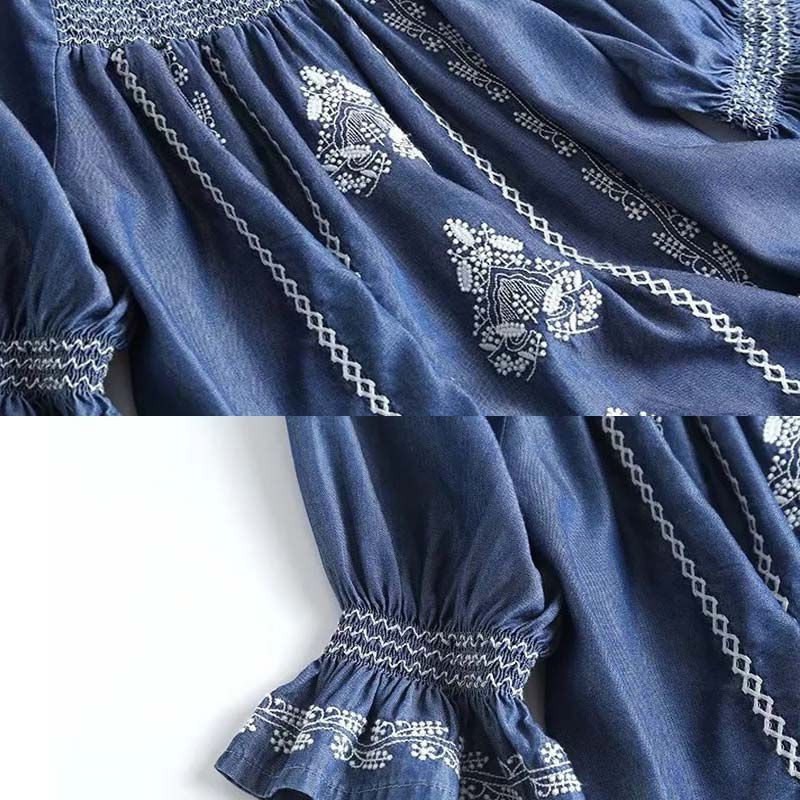 ブラウス 5分袖 夏 デニム tシャツ フリル袖 刺繍 シャツ 花柄 半袖シャツ レディース デニムシャツ 春 五分袖 チュニック プルオーバー シャツブラウス フリル ブラウス 5分袖 夏 デニム tシャツ フリル袖 刺繍 シャツ 花柄