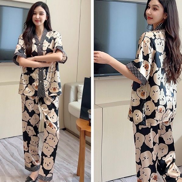 春夏 半袖 ズボン パジャマ 前開き サテン 男女上下セット シャツパジャマ4 パジャマ レディース 半袖 サテン 前開き 上下セット 春 夏