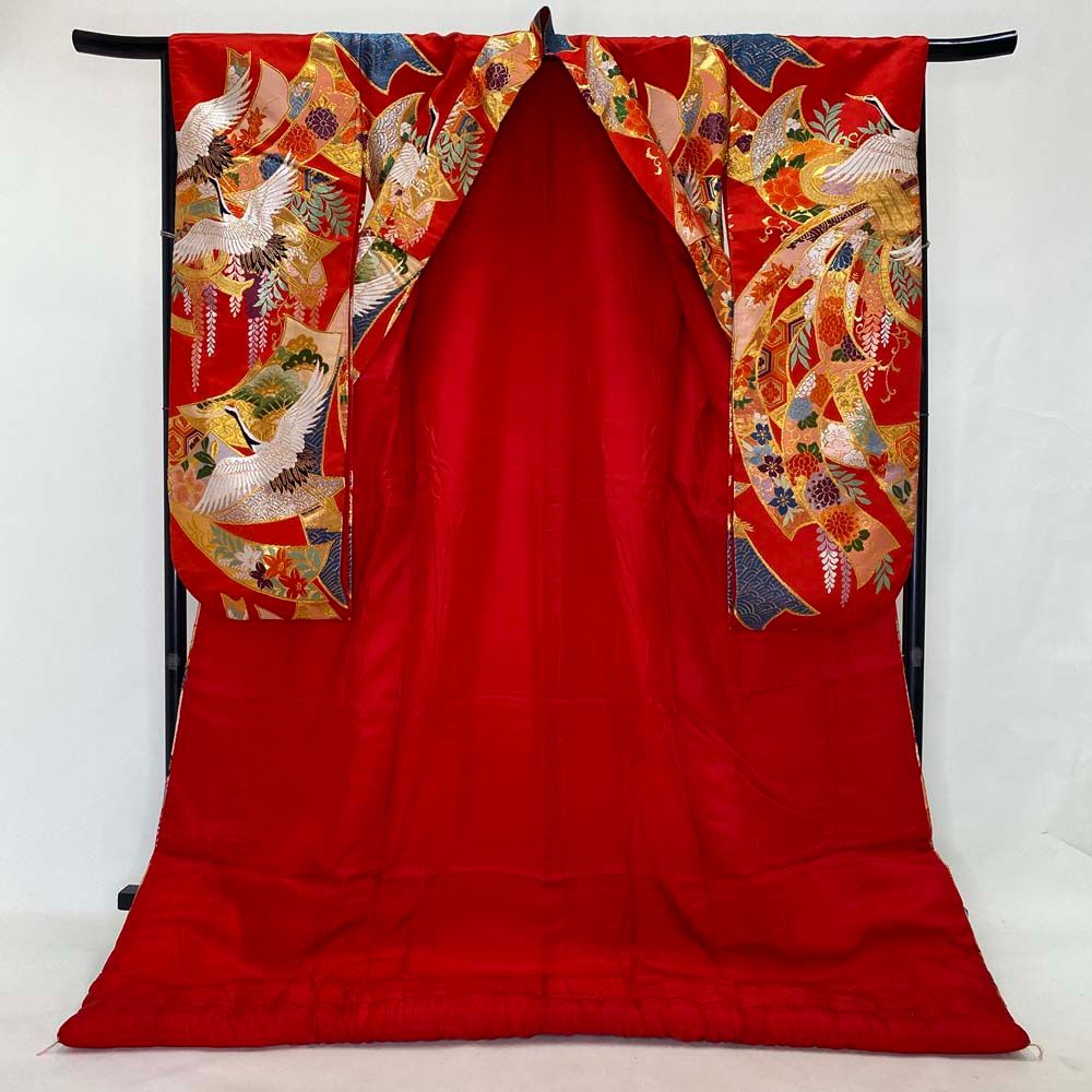 色打掛 正絹 鶴 刺繍 赤 金 打掛 Lサイズ 裄67 花嫁衣裳 婚礼  