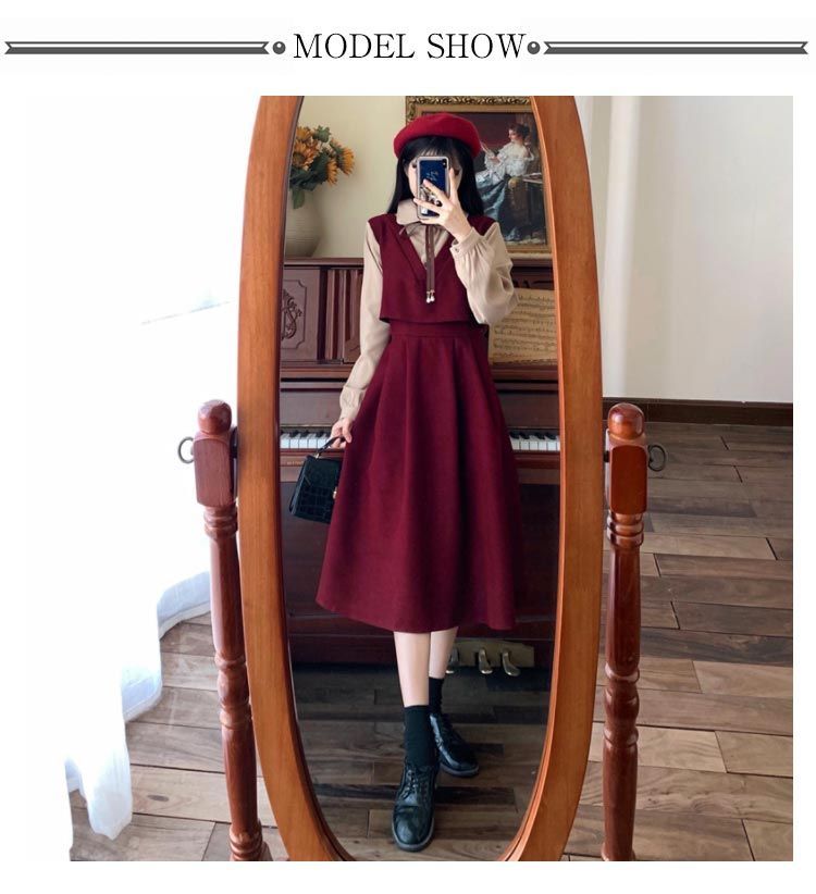 重ね着風 長袖 レトロ フェイクレイヤード ワンピース 冬