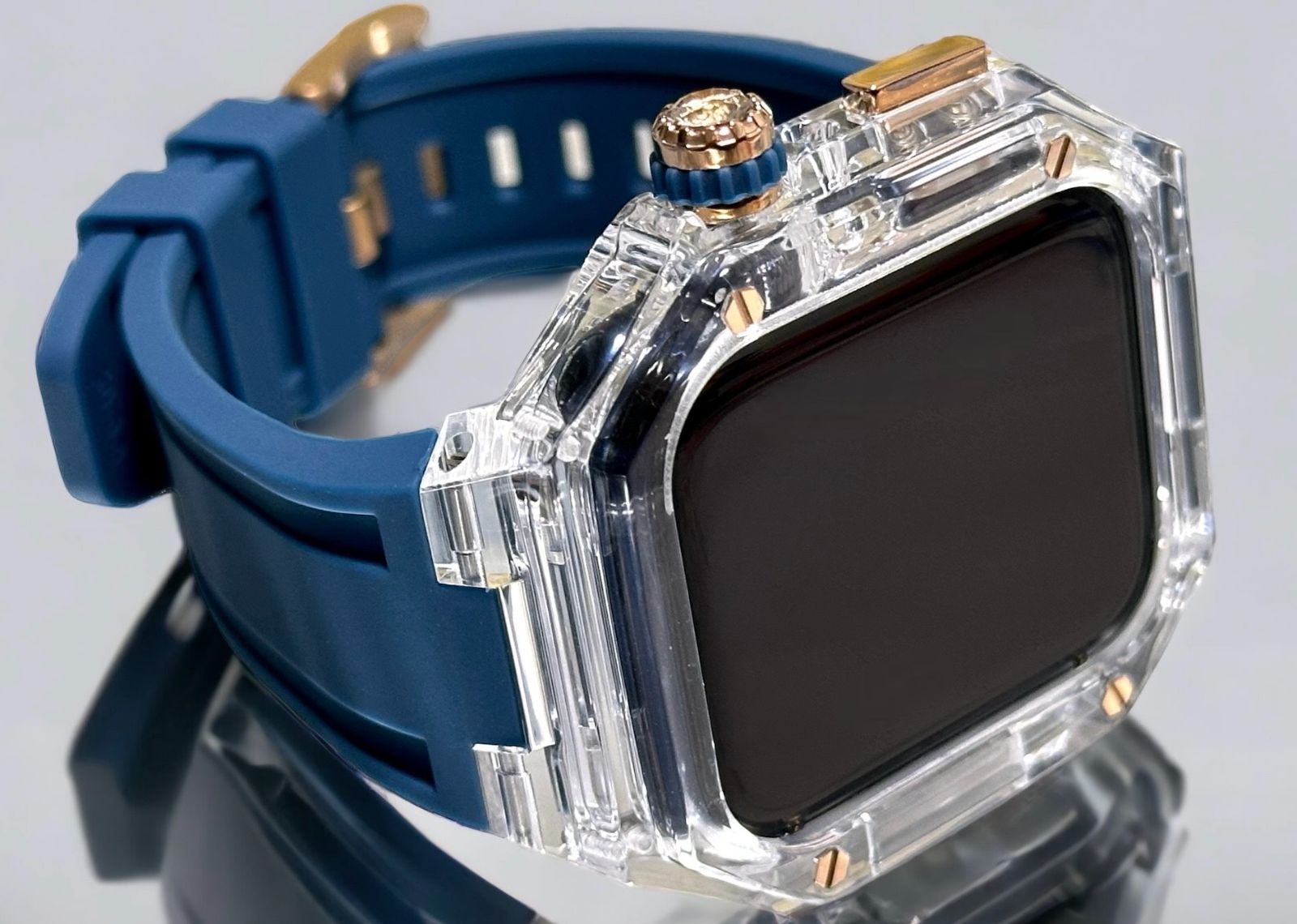 ローズゴールド クリア ネイビー アップルウォッチ ラバーベルト カバー クリア ケース 40mm 41mm 44mm 45mm 4 5 6 7 8 9 se スポーツ メンズ レディース 4スクリュー Apple Watch バンド