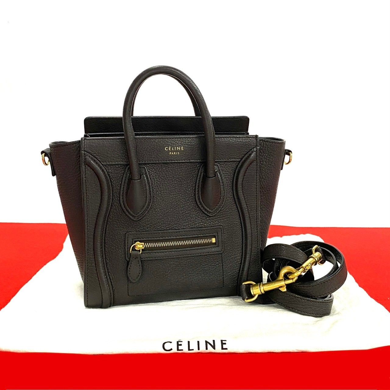 極 美品 袋付き CELINE セリーヌ ラゲージ ナノショッパー レザー 本革 