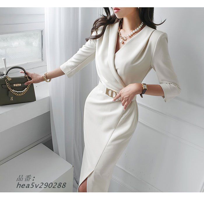 カシュクール胸元 ジャケットスーツ風膝丈七分袖ワンピース