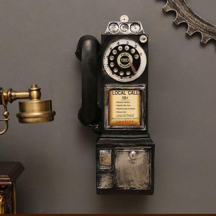 レトロ 壁掛けダイヤル式公衆電話 オブジェ ブラック ヴィンテージ風
