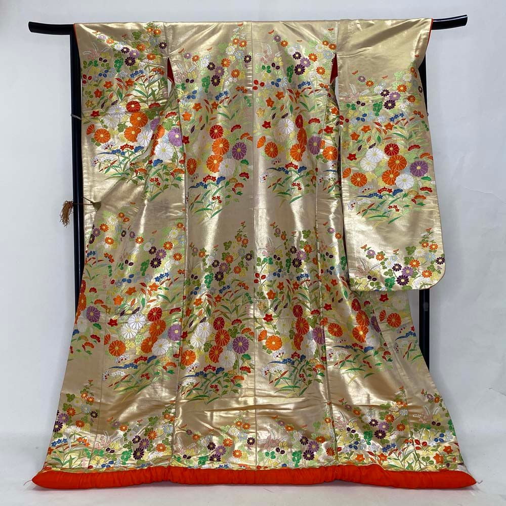 色打掛 正絹 鶴 刺繍 金 打掛 Lサイズ 裄67.5 花嫁衣裳 婚礼  