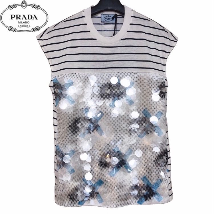 【新品】確実正規品 PRADA　プラダ ストライプ スパンコール Tシャツ