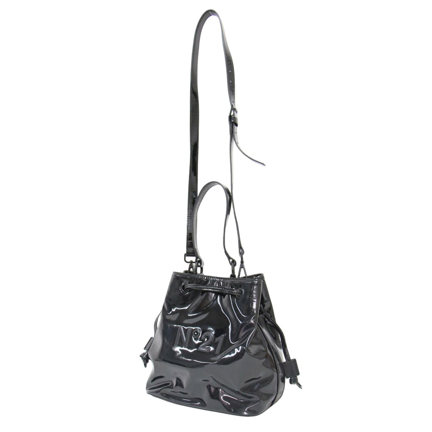 N°21 ヌメロヴェントゥーノ バッグ ブラック 黒 サイズ:FREE / ロゴ エナメル ショルダーバッグ / ハンドバッグ 巾着 2WAY / ブランド カバン 【レディース】【K4386】 新品】N°21 ヌメロヴェントゥーノ バッグ ブラック 黒 サイズ:FREE