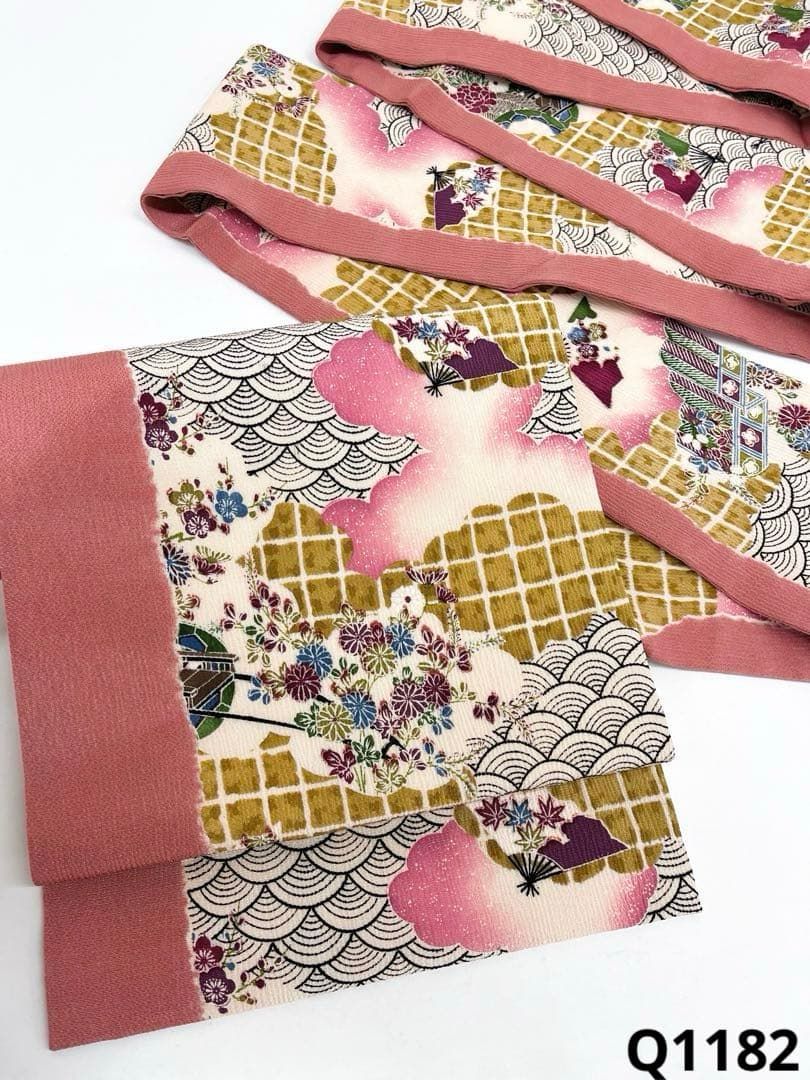 京都 摺型友禅 多ち花 九寸名古屋帯 ちりめん 正絹