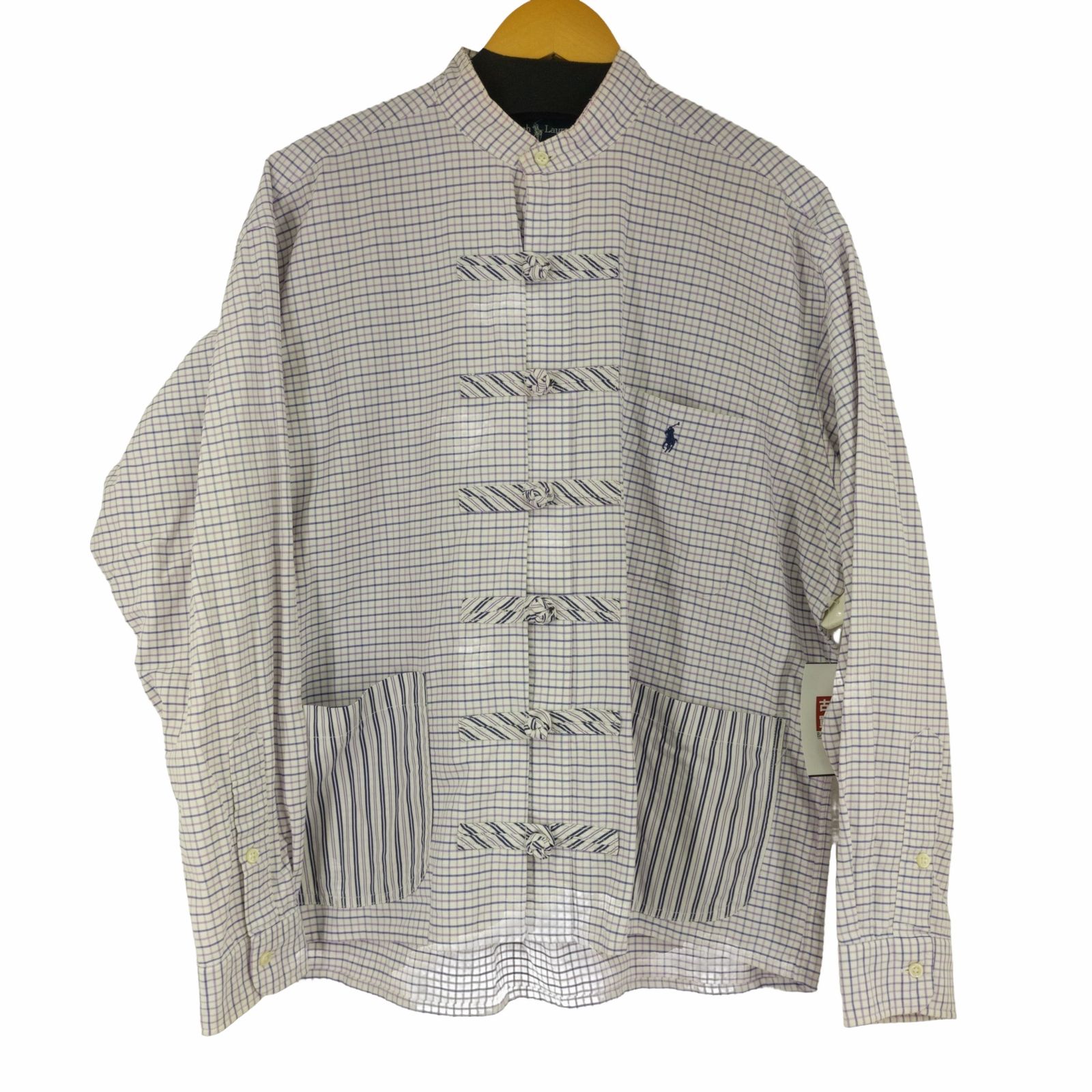 ラルフローレン RALPH LAUREN 90-00s BIG SHIRT スモールポニー刺繍 チャイナデザイン リメイクシャツ ストライプ x チェック メンズ import：M 