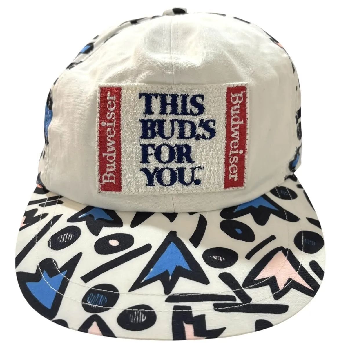 90s Budweiser Nylon Cap バドワイザー ナイロンキャップ Snapback KING OF BEERS 総柄 ワッペン古着