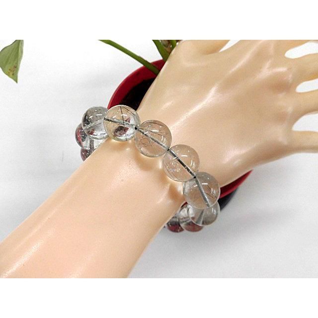 天然石 黒プラチナルチルクォーツ14.8～15.5mm玉ブレスレット 内周18.3