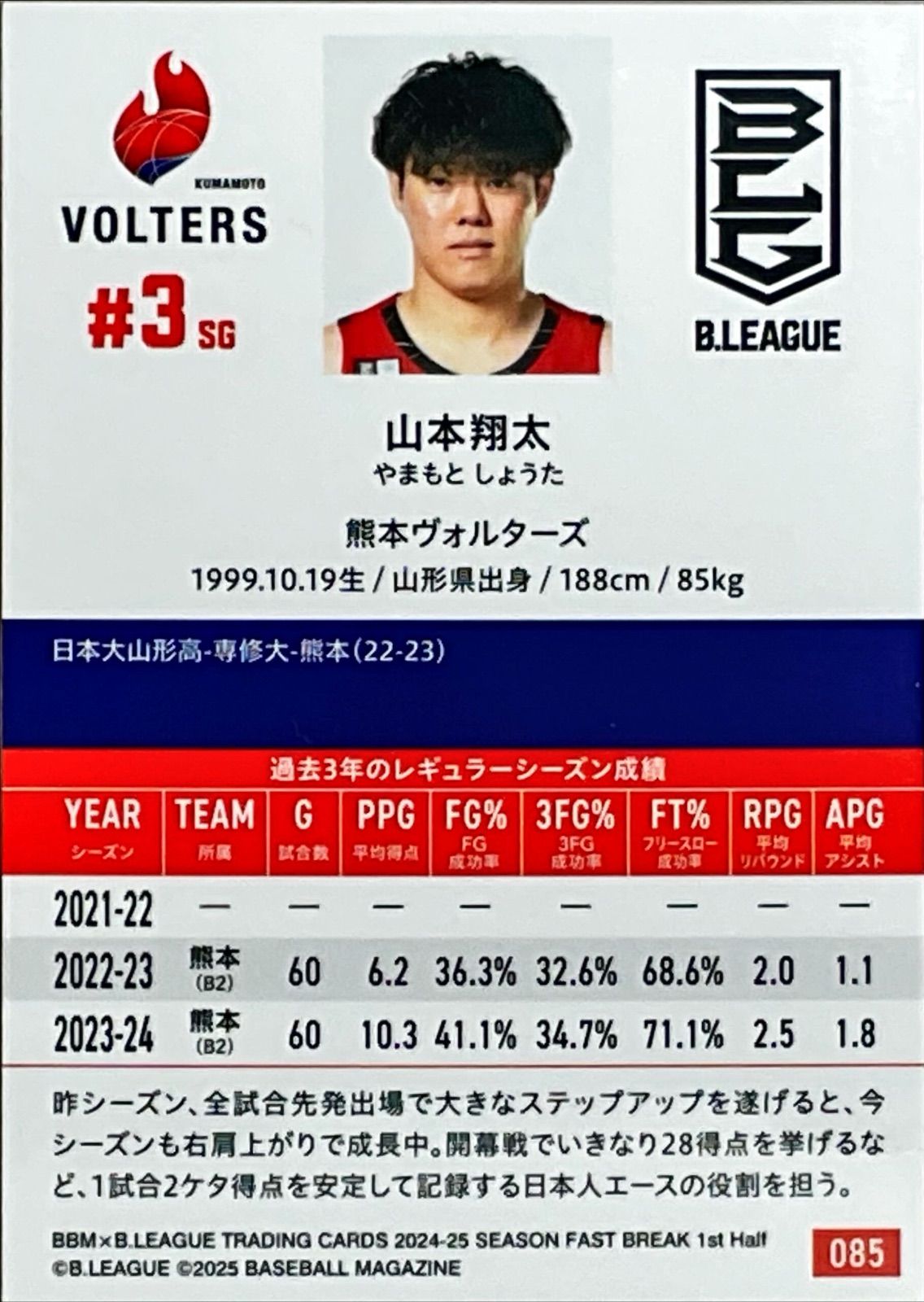 山本 翔太 熊本ヴォルターズ レギュラーカード【キラパラレル版