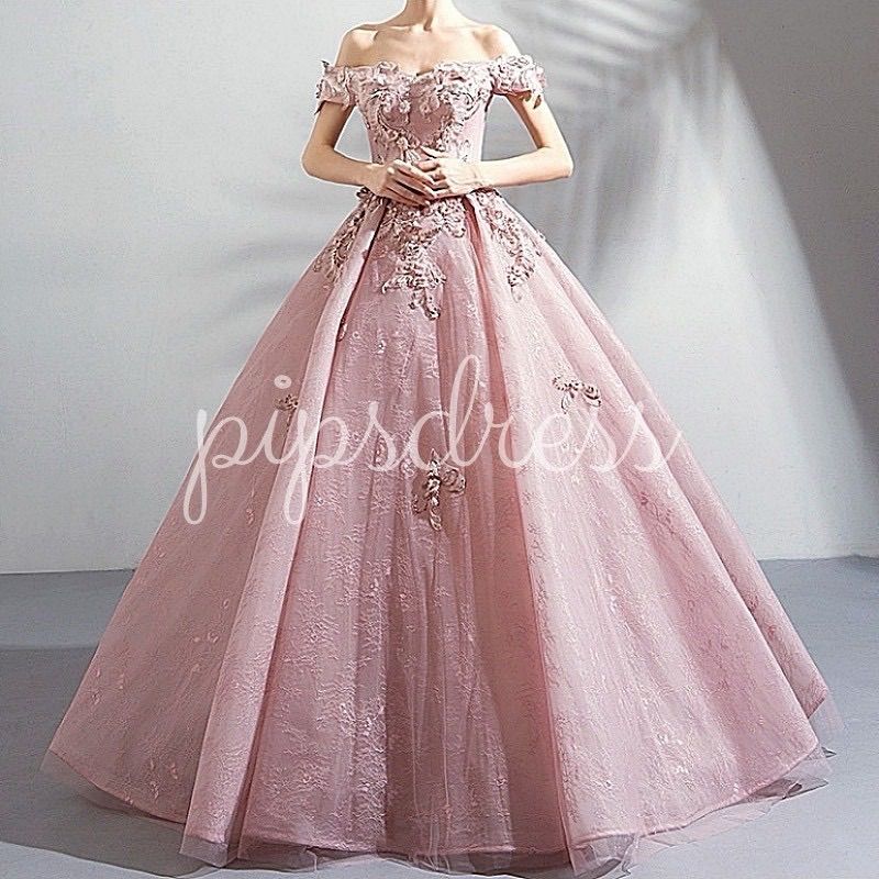 即日発送 オフショルダー ピンクドレス M ロングドレス 花刺繍 ビーズレース 結婚式 披露宴 前撮り 二次会 プリンセスライン ウェディングドレス カラードレス 感 pipsセレクト