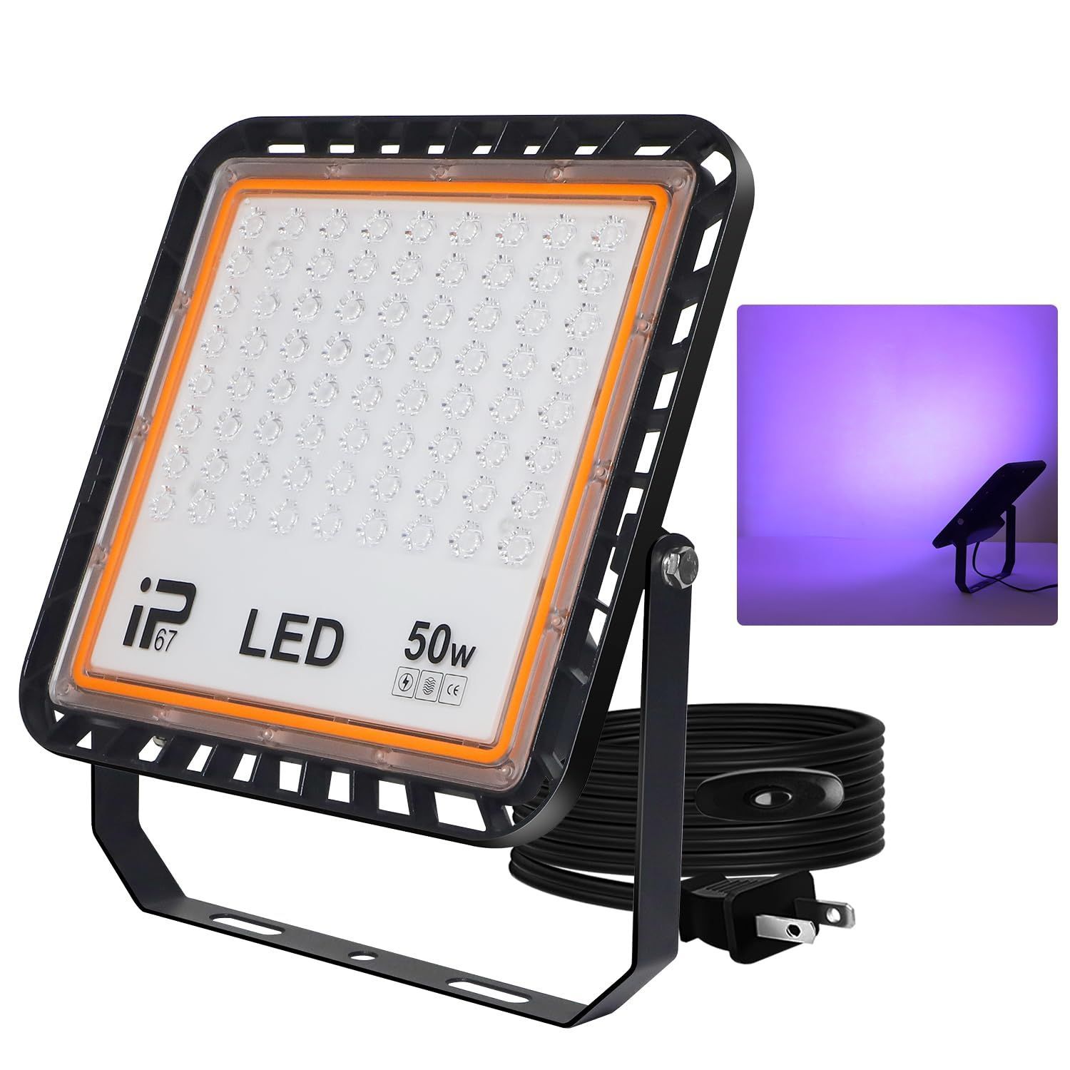 【数量限定】ブラックライト 50W LED投光器 IP67強力防水 紫外線 UVライト 395-405nm 屋外用 長寿命 高輝度 節電 軽量 舞台照明 3Dモデル乾燥用 レジン硬化 PSE認証 （50Ｗ-1）