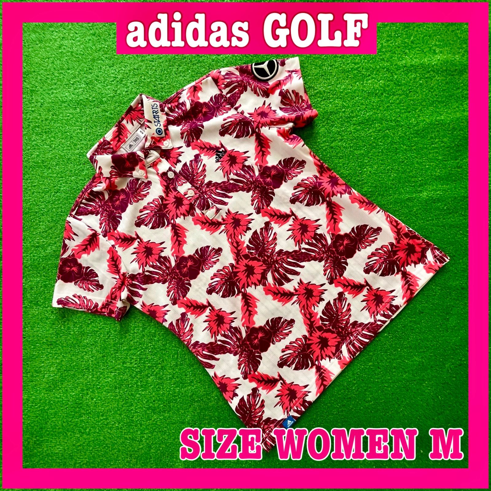adidas GOLF アディダスゴルフ 半袖『メルセデス・ベンツ』ワッペン『STARTS』『味の素』プリント ポロシャツ M