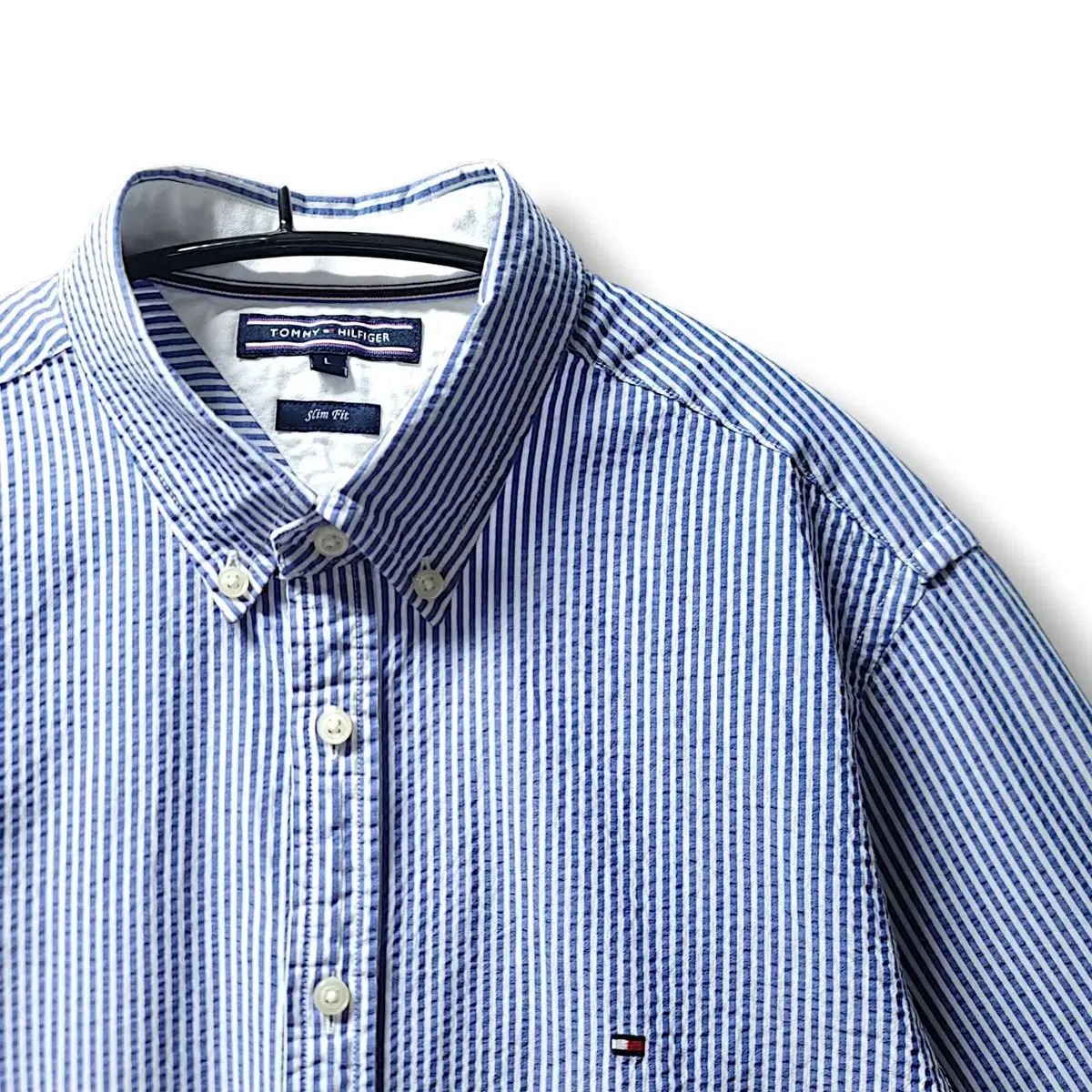 L Tommy Hilfiger(トミーヒルフィガー) ホワイト u0026 ブルー ストライプ コットン 長袖シャツ