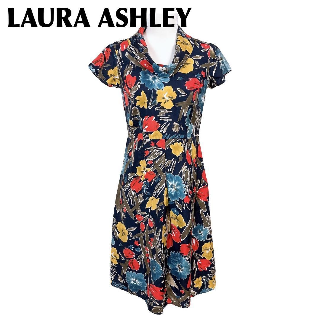 ローラアシュレイ 半袖シャツワンピース 絹 7 花柄 ネイビー