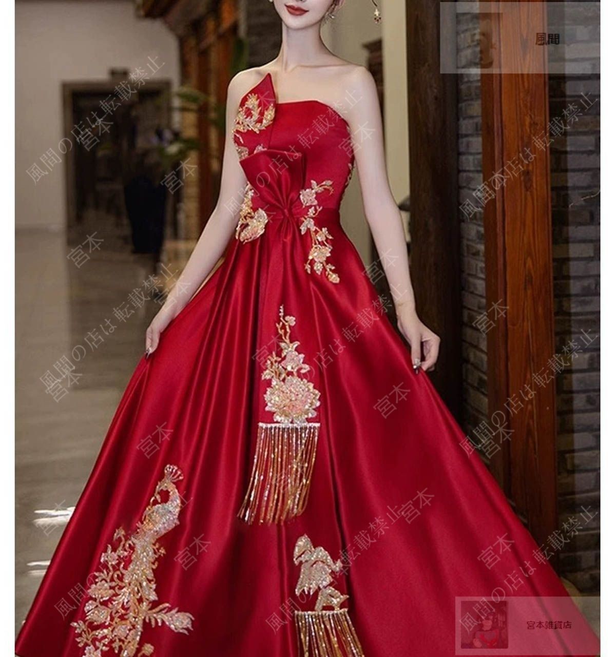 イブニングドレス 結婚式 ウェディングドレス チューブトップ ワインレッド 赤 ビスチェ ロングドレス 光沢感 刺繍 チャイナ風 キレイめ Aライン パーティードレス 前撮り 演奏会 編み上げ 1020