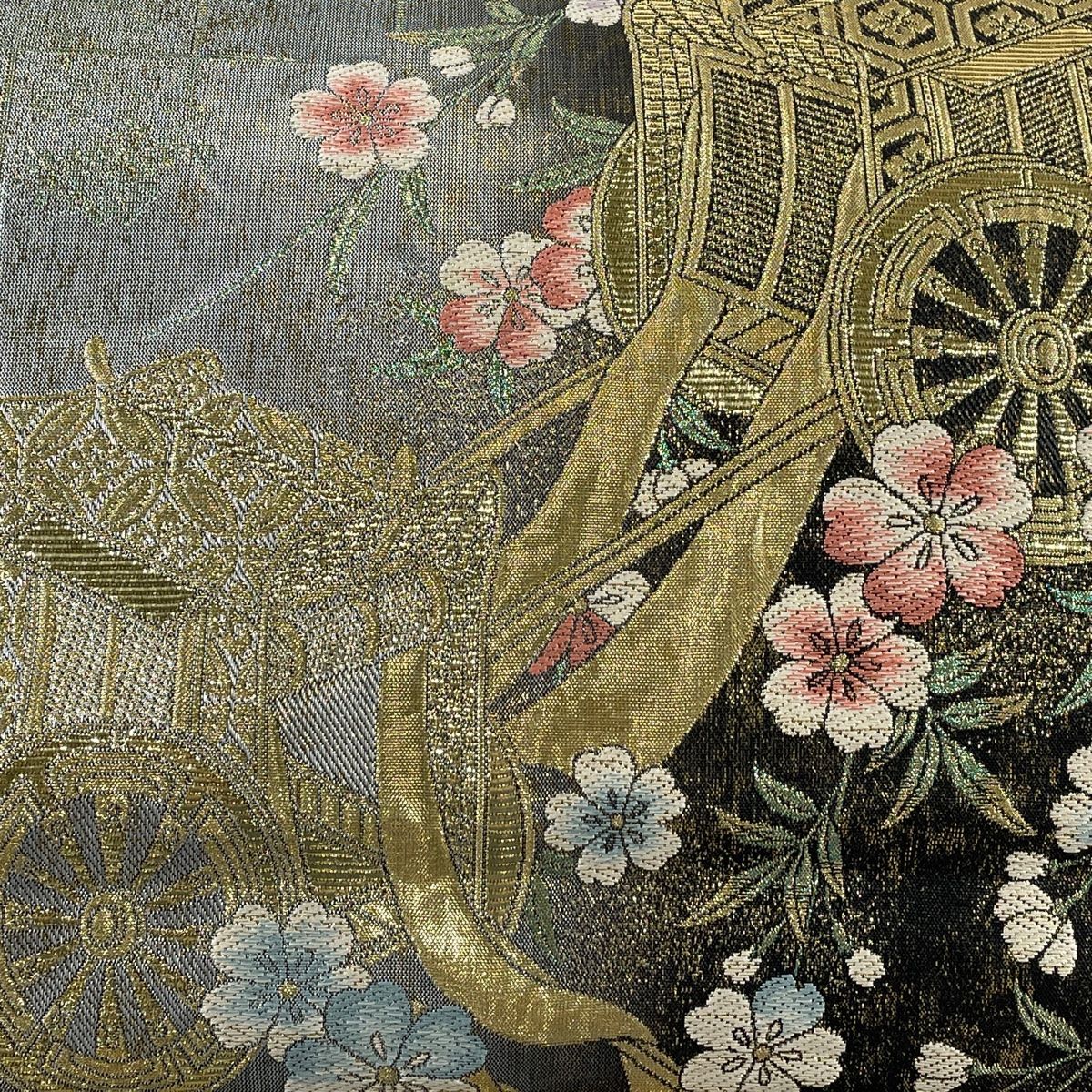 袋帯 美品 秀品 人物 御所車 箔 ベージュ 正絹 中古 袋帯六通 秀品 御所車 人物 箔 金彩 金色 お太鼓柄 正絹 中古 袋帯 美