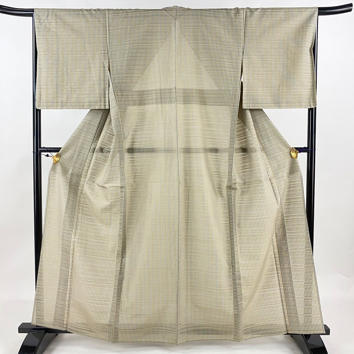 紬 身丈163cm 裄丈65.5cm M 薄物 夏紬 縞 格子 ベージュ 正絹 名品