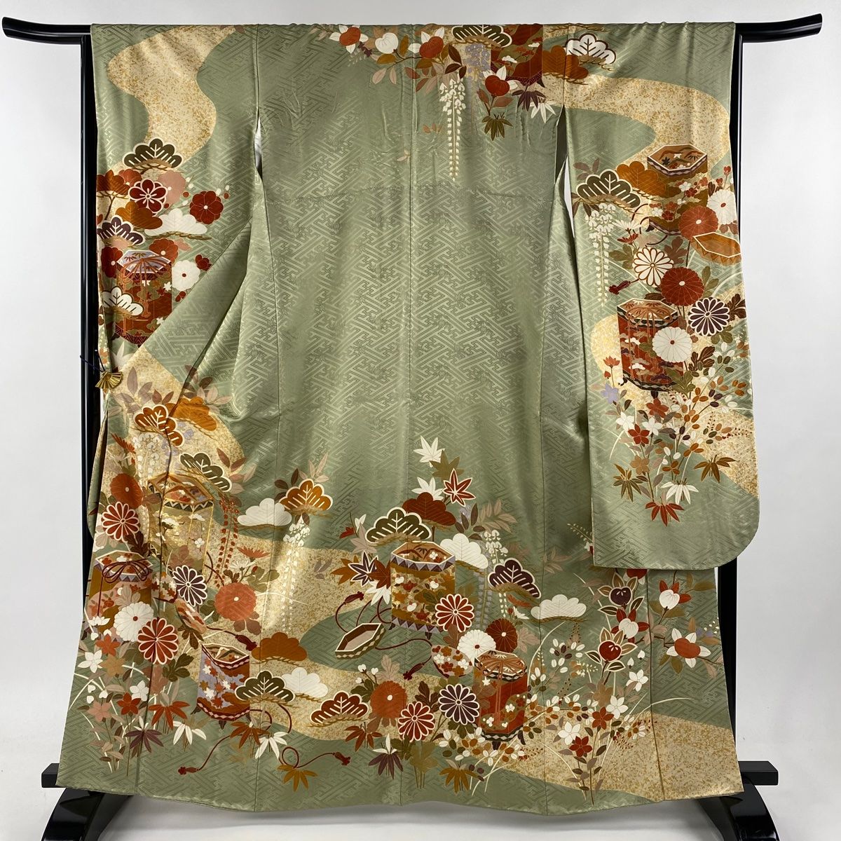 振袖 身丈164cm 裄丈65.5cm M 袷 貝桶 松竹梅 金糸 金彩 灰緑 正絹 秀品