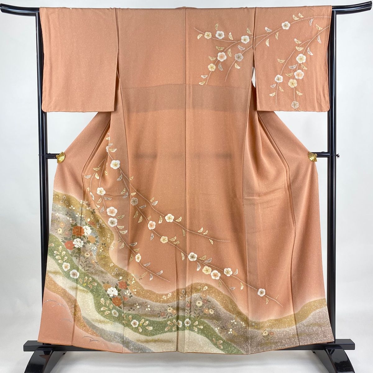 訪問着 身丈158cm 裄丈64.5cm M 袷 牡丹 道長取り 金銀彩 絞り サーモンピンク 正絹 名品
