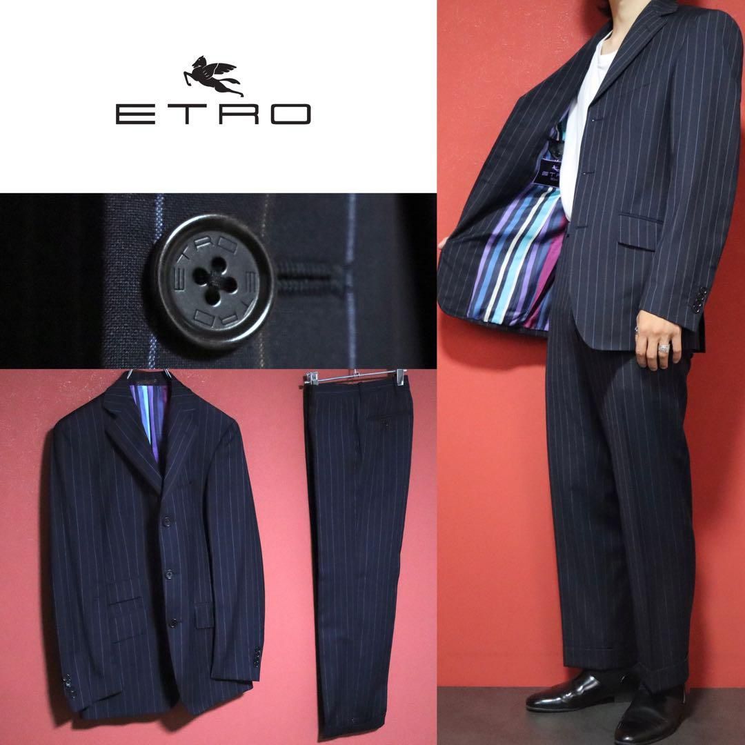 美品　エトロ　グレー ピンストライプ セットアップ スーツ 紫裏地 52 ETRO(エトロ) ストライプセットアップスーツ062-10902-0015 062