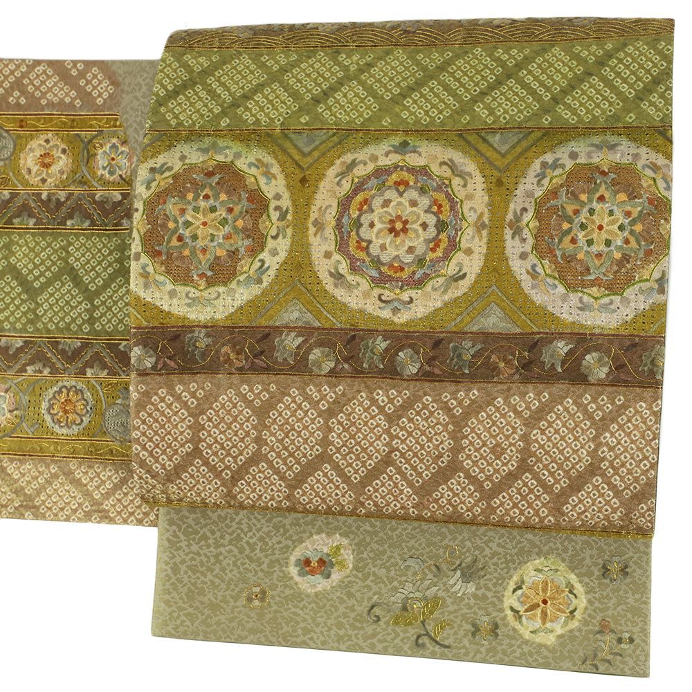 袋帯 中古 正絹 蘇州刺繍 汕頭刺繍 カジュアル 黄茶 渋緑 金糸 華文