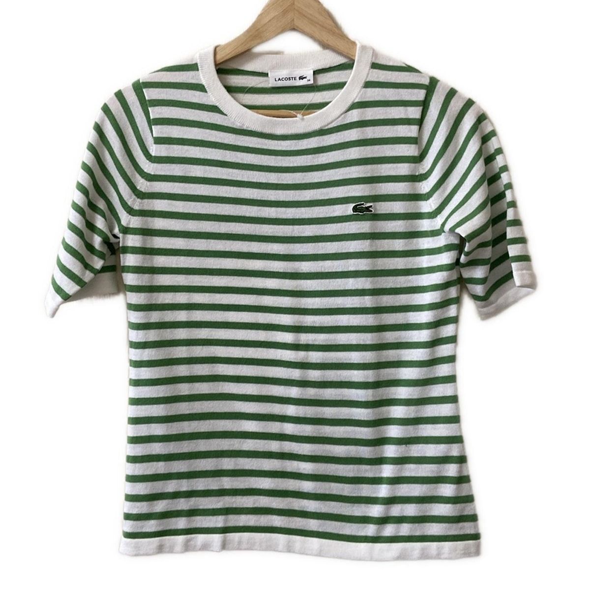 Lacoste ラコステ 半袖セーター サイズ34 S レディース - 白×グリーン クルーネック|ボーダー