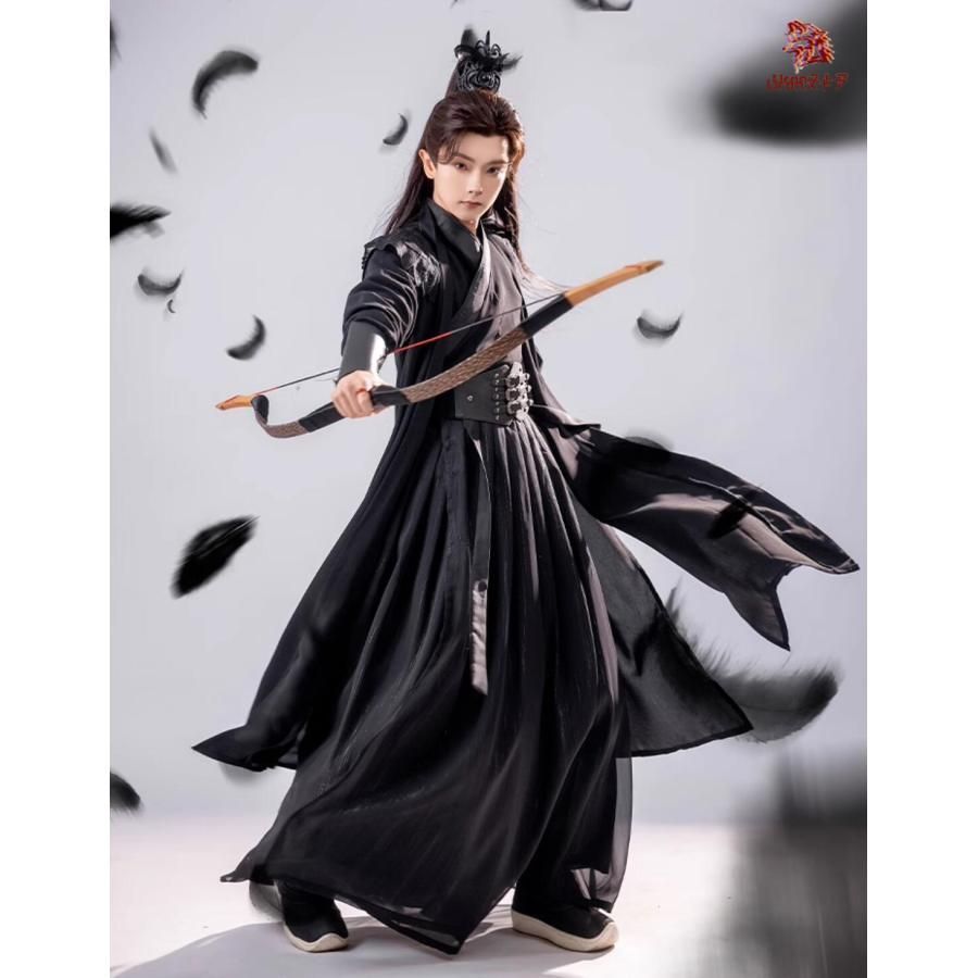 高品質 文化祭 暗黒 武侠風 漢服 中華コスプレ衣裳 メンズ 侠客 チャイナ服 中華服 肩に翼付きの羽織 交差襟 おしゃれの3点セット 皮のベルトと袖カバー付 BJ1003ML03 ハロウィン