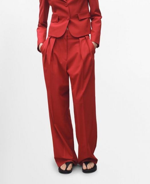 【送料無料】 マンゴ レディース カジュアルパンツ ボトムス Women's Wide Leg Wool Blend Suit Trousers Red