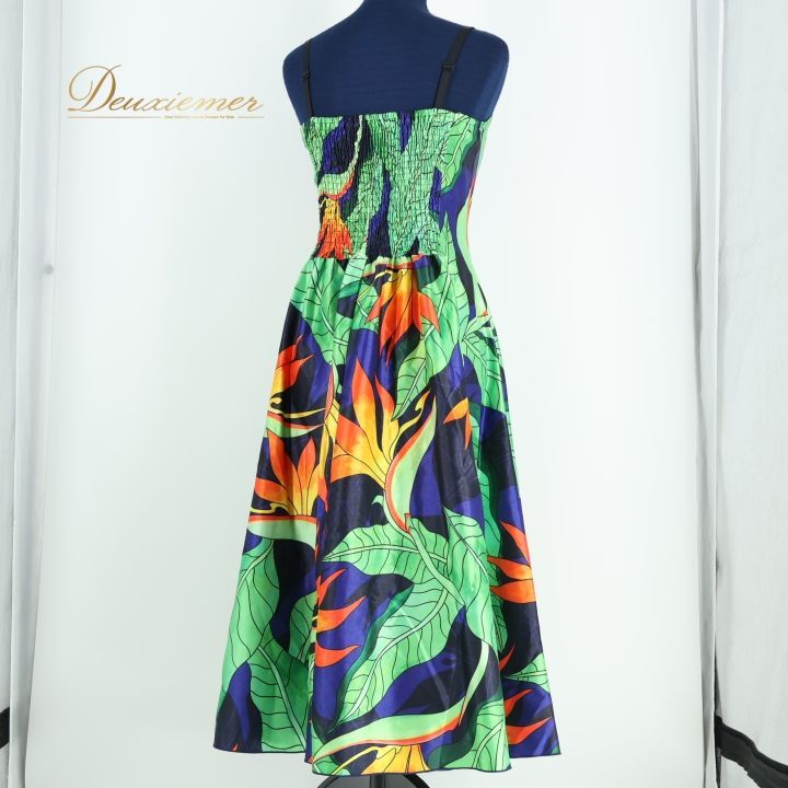 【美品 フラダンス衣装】グリーン ワンピースドレス マイレ柄 ハワイアンプリント 美品 フラダンス衣装グリーン ワンピースドレス マイレ柄 ハワイアン