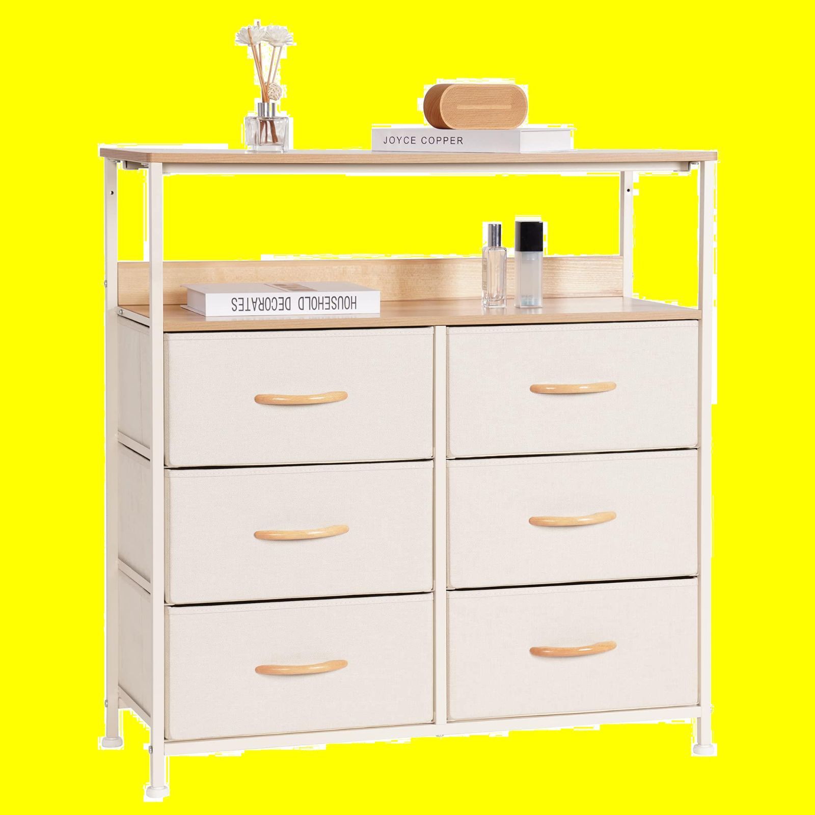 ボックス キャビネット 衣類収納 おもちゃ箱 布製引き出し ベージュ 一人暮らし タンス 棚付き収納チェスト 3段6杯 幅80×奥行30×高さ84cm LYNCOHOME