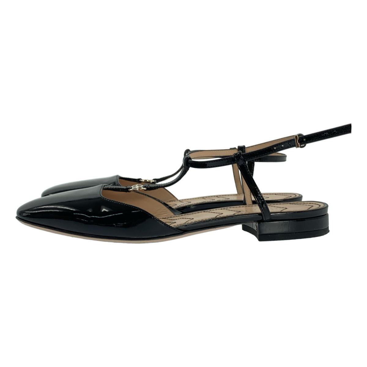 GUCCI | グッチ | パテントレザー GGロゴ ストラップ フラットシューズ サンダル | 37 1|2 | ブラック | レディース