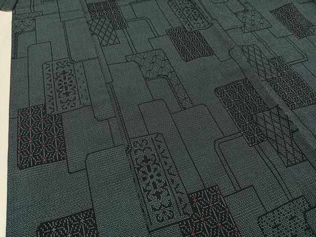 平和屋着物▽本塩沢 単衣 市松文様 黒地 正絹 逸品 CAAV3754dy