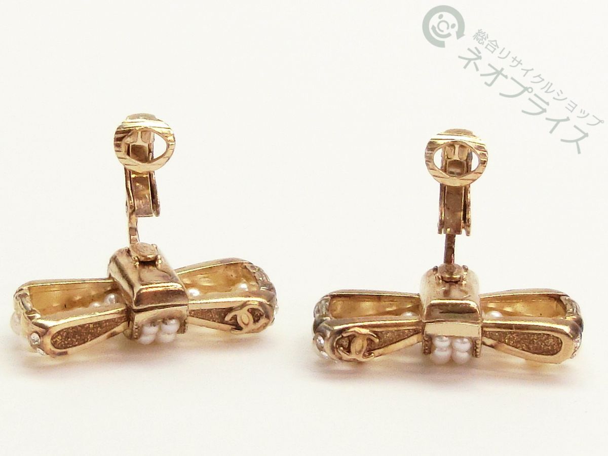 ☆AA8988 CHANEL シャネル リボン パール ラインストーン イヤリング