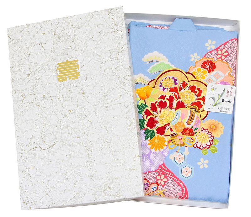 新品☆正絹産着（お祝着）特選生地京友禅工芸染古典四季花祝い御所花車熨斗に鴛鴦文 新品☆正絹産着（お祝着）特選生地京友禅工芸染古典四季花