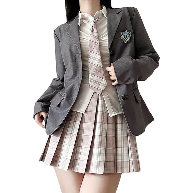 Sivrusn 女子高生 コスプレ 制服 ブレザー 学生服 本格制服 5点セット プリーツスカート ネクタイ シャツ バッジ 女子高校生 スクールスーツ JK せいふく コスチューム 仮装 学園祭 文化祭 卒業式 入学式 grey S 0