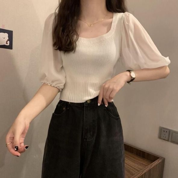 トップス ニット カットソー インナー Tシャツ パフスリーブ シアー 異素材ミックス エレガント レディース 大人 きれいめ カジュアル フェミニン 五分袖